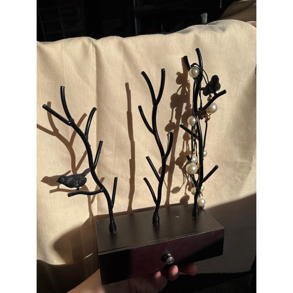 Necklace jewelry hanging stand drawer display wood metal branch birds